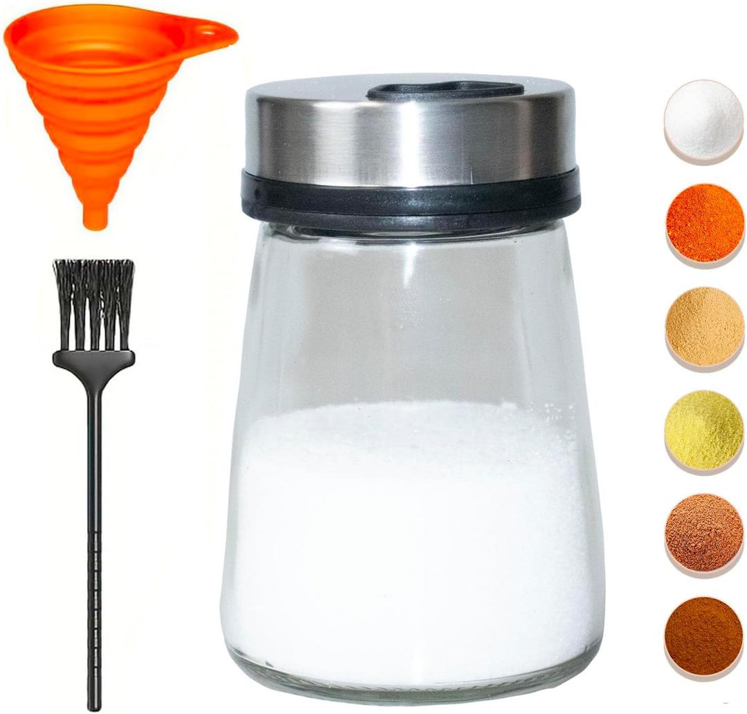 Salt Shaker or Pepper Shaker with Adjustable Pour Holes, 4inch Small Glass Bottle Spice Dispenser with Stainless Steel Lid for Himalayan Salt, Table Fine Corse Sea Salt, Black Pepper