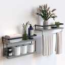 RICHER HOUSE 2+1 Tier Wall Mounted Floating Shelves Set of 2, Rustic Wood Wall Shelf with Metal Frame, Extra Storage Rack for Bathroom, Kitchen, Bedroom with Tissue Rack & Towel Bar - White Gold