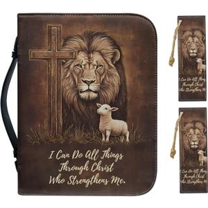 Faux Leather Bible Cover Church Bible Bag with 2 Pcs Bookmarks Brown Cross Lion Lamb Print Book Covers Carrying Bible Case with Zippered Pockets for Prayer, 2XL (XX-Large)