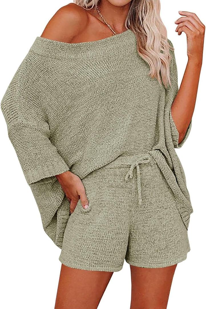 Ermonn Womens 2 Piece Outfits Sweater Sets Off Shoulder Knit Tops Waist Short Suits Casual Pajama Set (XX-Large, Green)