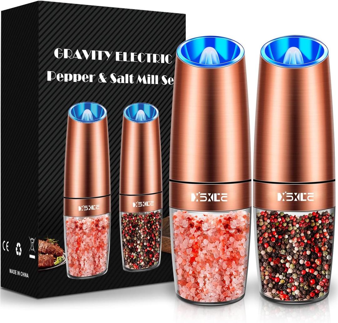 XinXu Gravity Electric Pepper and Salt Grinder Set, Adjustable Coarseness, Battery Powered with LED Light, One Hand Automatic Operation, Stainless Steel -Copper, 2 Pack
