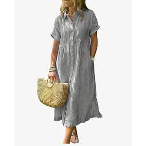 ebossy Women's Boho Striped Shirt Dress Button Up Side Slit Loose Mid Long Cotton Dress with Pockets XL
