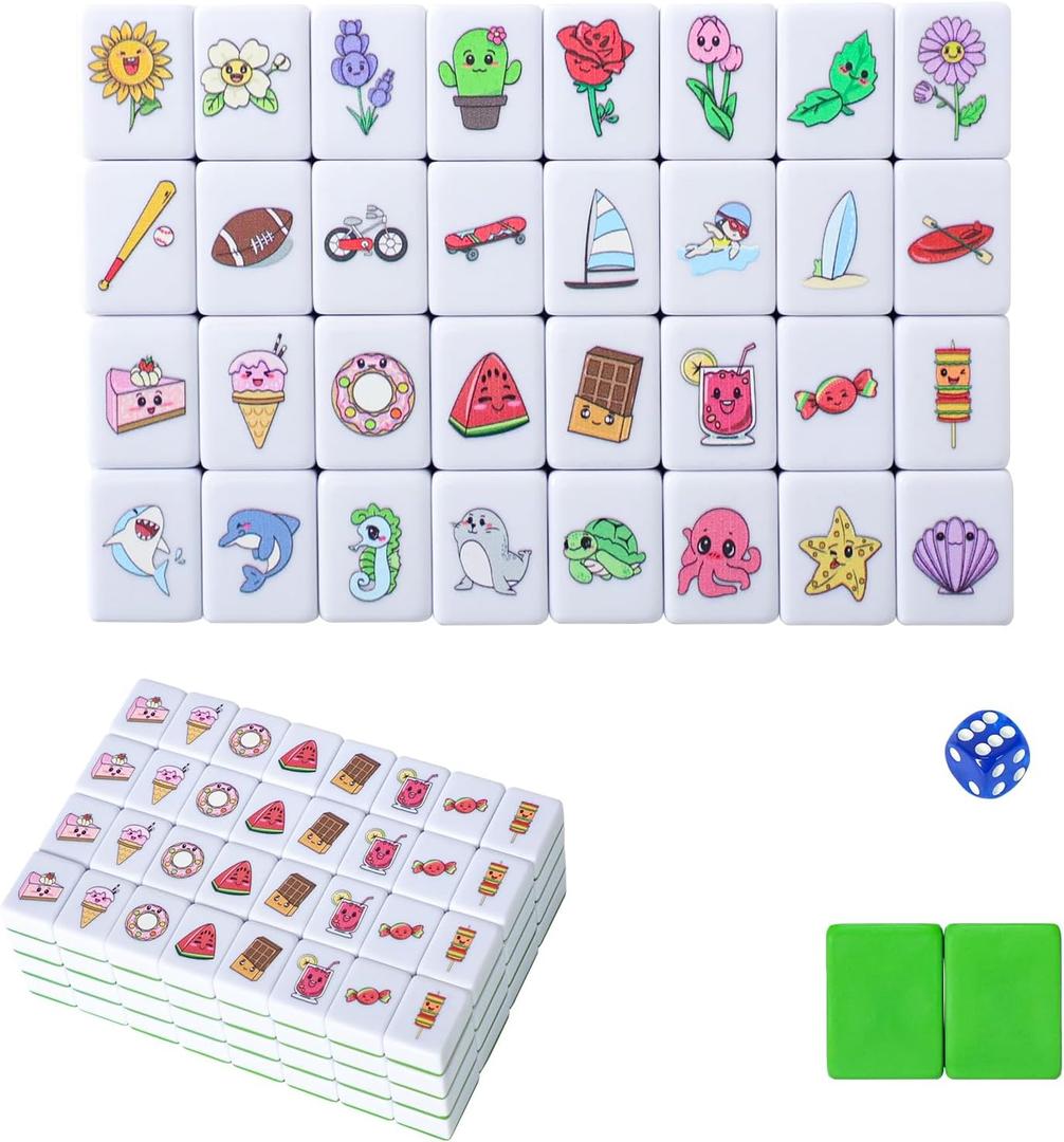 GRACIAS 4 Players Mahjong Block Set for Adult, 128 Green Tiles(1.18) with 4 Different Patterns, Portable Mahjong Set with A Carry Bag & English Instruction, Mahjong Tile Game