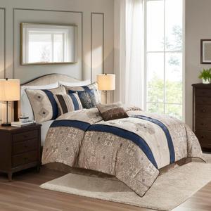 Madison Park Comforter Faux Silk-Traditional Luxurious Jacquard Design All Season Set, Matching Bed Skirt, Decorative Pillows, Cal King(104"x92"), Navy 7 Piece