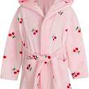 Umeyda Girls Fleece Hooded Robes, Warm Printed Bath Robe for Kids Soft Fuzzy Bathrobe for Gifts (2T, Cherry Pink)