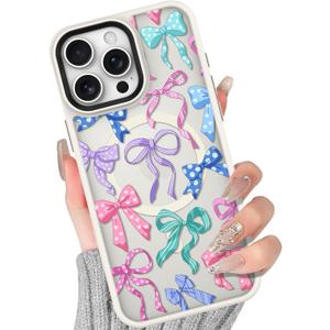 BITOBE Case for iPhone 16 Pro [Compatible with MagSafe] Cute Ribbon Bow Pattern for Women Girls Soft TPU Bumper Translucent Magnetic Slim Protective Cover - Bows
