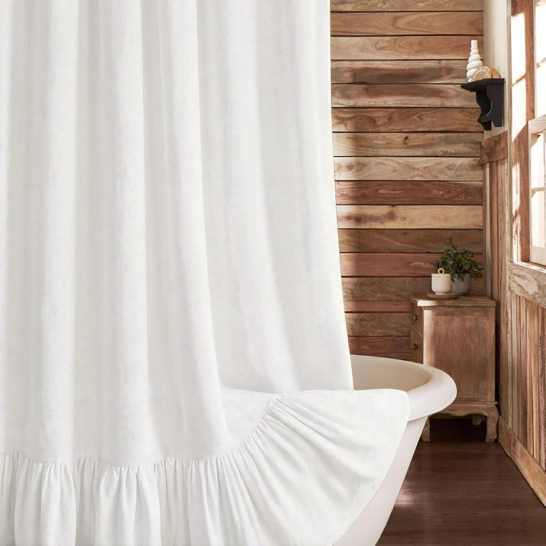 Farmhouse Shower Curtain with Ruffle Hem Linen White Shower Curtains for Bathroom Country Vintage Rustic Natural Fabric, 72" W x 78" L