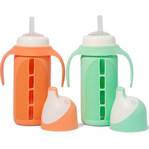 Tabor Place Set of 2 - Glass Sippy Cup for Toddlers - The Luca | Spill-Proof | Silicone Straw | Mint Green & Orange | 8 oz | Liquids Never Touch Plastic | Removable Handles (orange)