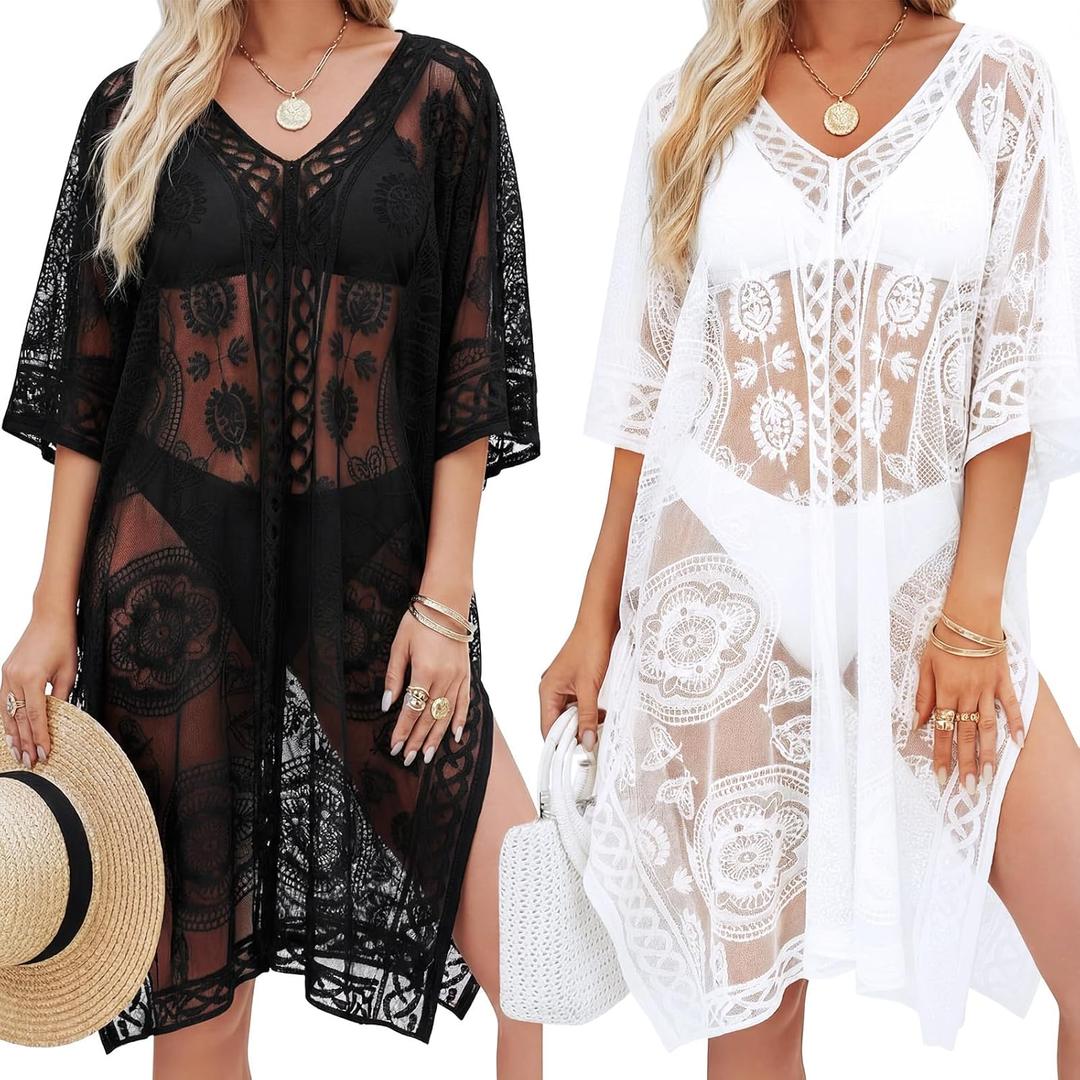 Patelai Pcs Lace Beach Cover up for Women Bathing Swimsuit Cover up V-Neck Summer Bikini Coverup for Poolside Seaside Party (Black, White) One Size