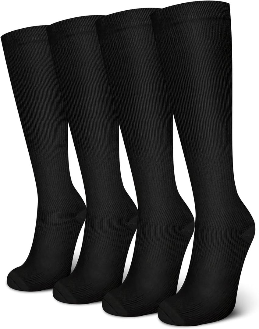 4 Pack Compression Socks for Women & Men 15-20 mmHg - Best Support for Nurses, Running, Hiking, Recovery (Black)