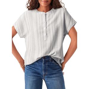 Astylish Womens Striped Henley Neck Linen Shirt Casual Button Down Cap Sleeve Blouse Tops (S)