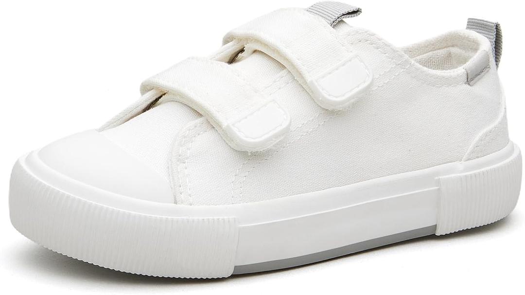 Toddler Low Top Canvas Sneakers Adjustable Straps Boys and Girls Slip on Shoes (White) Size 8