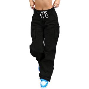 Mid Rise Cargo Jeans Women Elastic Waist Stretch Wide Leg Denim Pants with Pockets Baggy Streetwear Pants y2k, Medium 