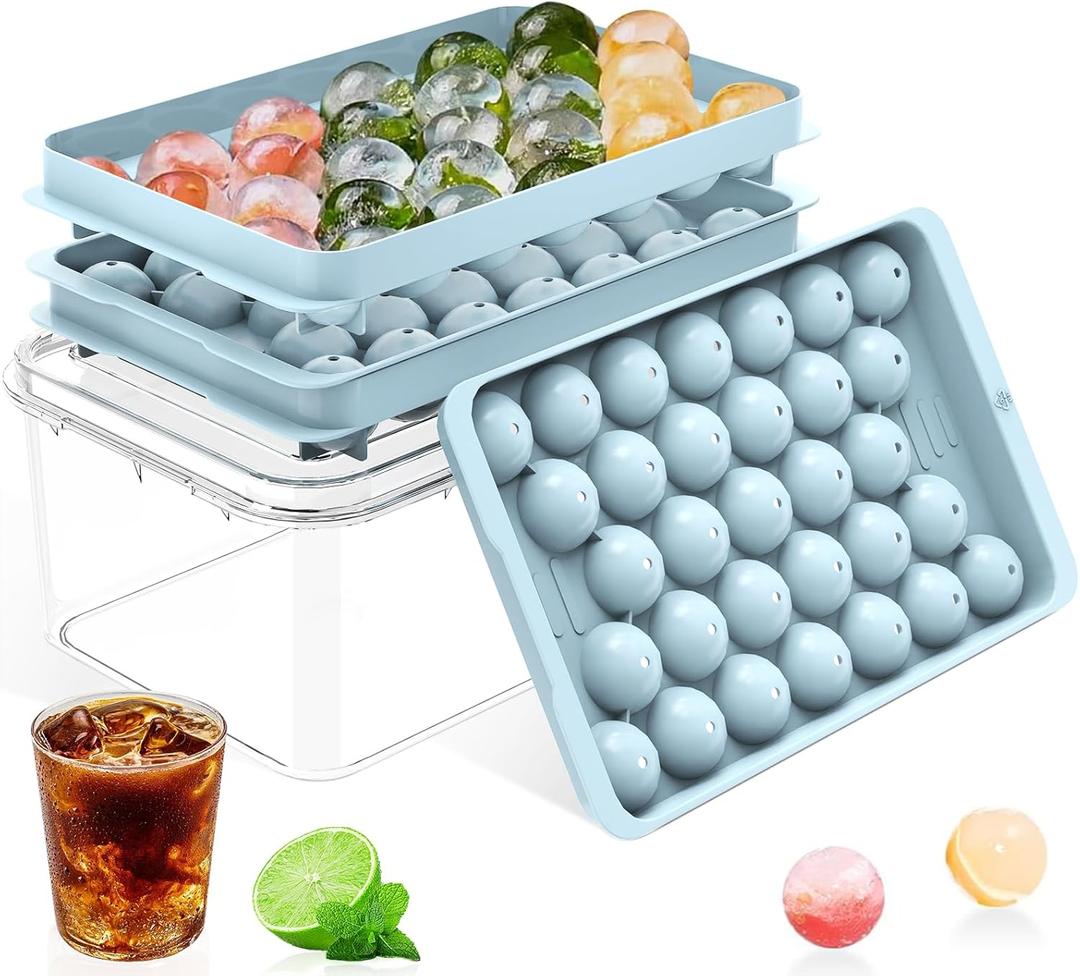 Ice Cube Tray with Lid and Bin Round Ice Cube Trays for Freezer, BPA-Free Food-Grade Ice Mold, Stackable Ice Ball Maker, Iced Bucket Kits, Circle Ice Tray for Cocktails, Whiskey, Coffee, and Drinks
