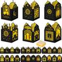 Retisee 24 Pcs Ramadan Eid DIY Lantern Craft Kit, Paper Lanterns with 1000 Gold Yellow Tissue Paper & Double-Sided Tape, Islamic Moon Star Motif Decor for Home Table Mosque Party Art Project