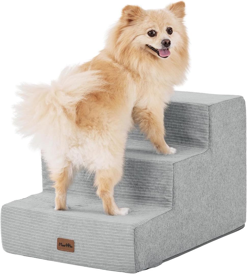 Made4Pets Dog Stairs for Small Dogs, Extra Wide Dog Steps for Bed Couch Sofa and Chair, 35D Foam Pet Steps for Small Dogs and Cats(Up to 40lbs), Non-Slip Bottom Pet Stairs, Light Grey, 3 Steps