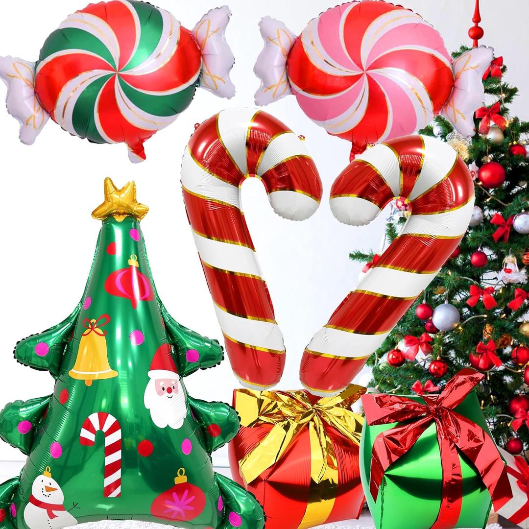 7 Pcs Christmas Balloons, Huge Red Green Candy Cane Tree Gift Box Aluminum Foil Balloons for Winter Wonderland Xmas Friendsmas Santa Claus Ugly Sweater Party Decoration Supplies