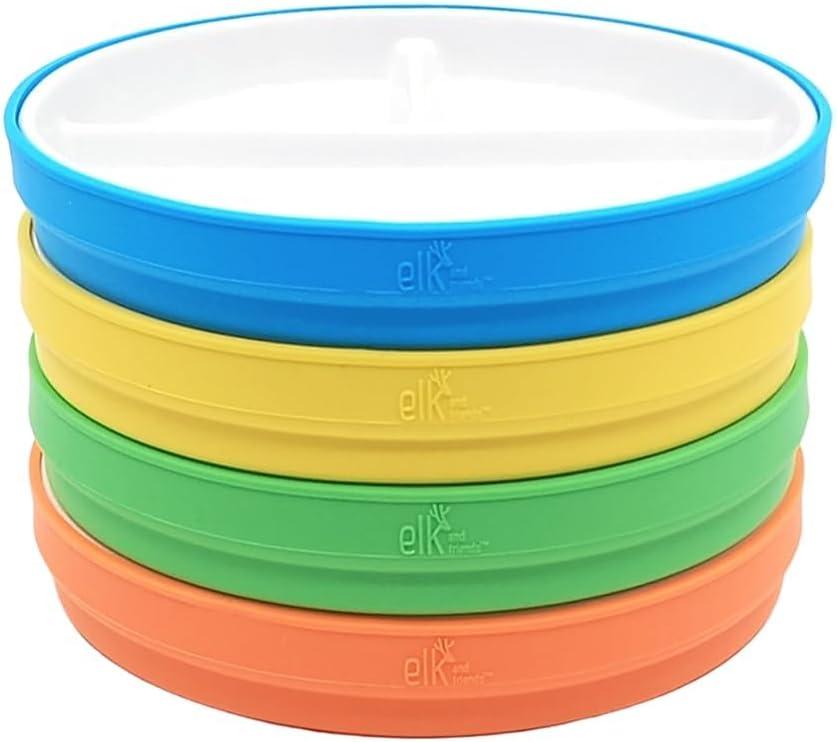 Elk and Friends Kids 7.8 Porcelain White Plates with Silicone Sleeves | Divided Plates | Suitable for Kids/Toddlers | Microwave & Dishwasher Safe | Non Slip | Snack Dishes (Green/Orange/Blue/Yellow)