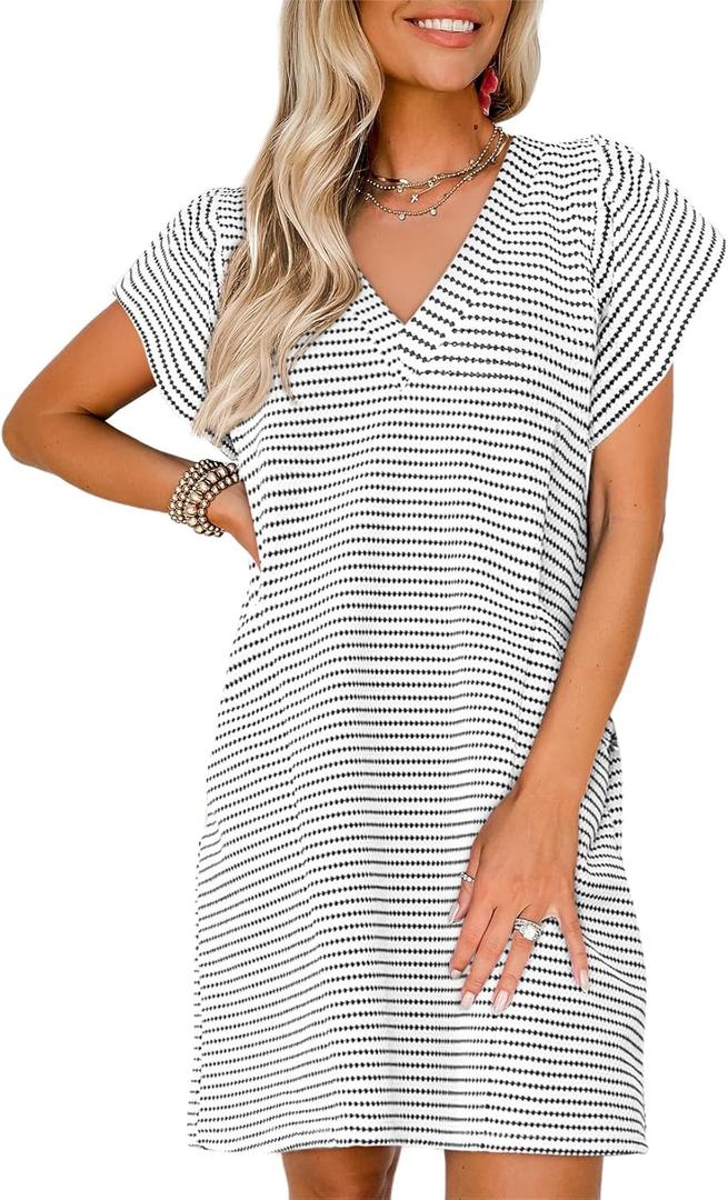 Acelitt Womens Casual Summer V Neck Cap Sleeve Shift Mini Dress with Pockets (Medium, White)