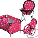 Mega Baby Doll Accessories Set, 3-1 Baby Doll Crib, Baby Doll High Chair & Bouncer Seat. 18 inch Doll Accessories with Doll Bed. 18" Dolls Furniture Play Stuff. Toys for Girls Ages 3-5,4-6,5-7,8-10 (Pink Hearts)