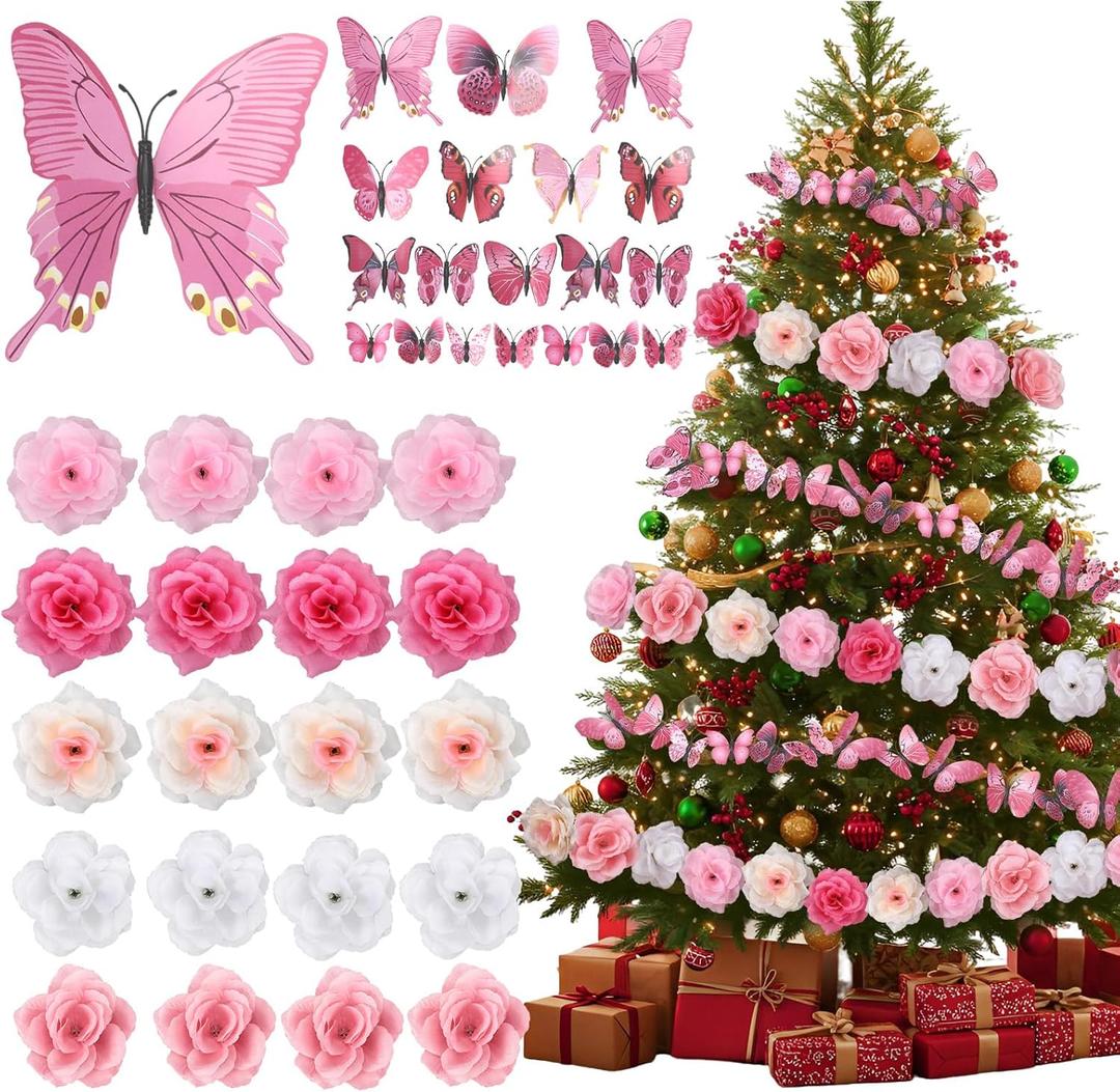 108 Pcs Pink Rose Christmas Tree Decorations Set Include 60 Pcs Faux Rose 3.94 Inch and Stems Ornaments and 48 Pink Magnetic Butterfly with Adhesive Dot for DIY Wreath Wedding Floral Pick