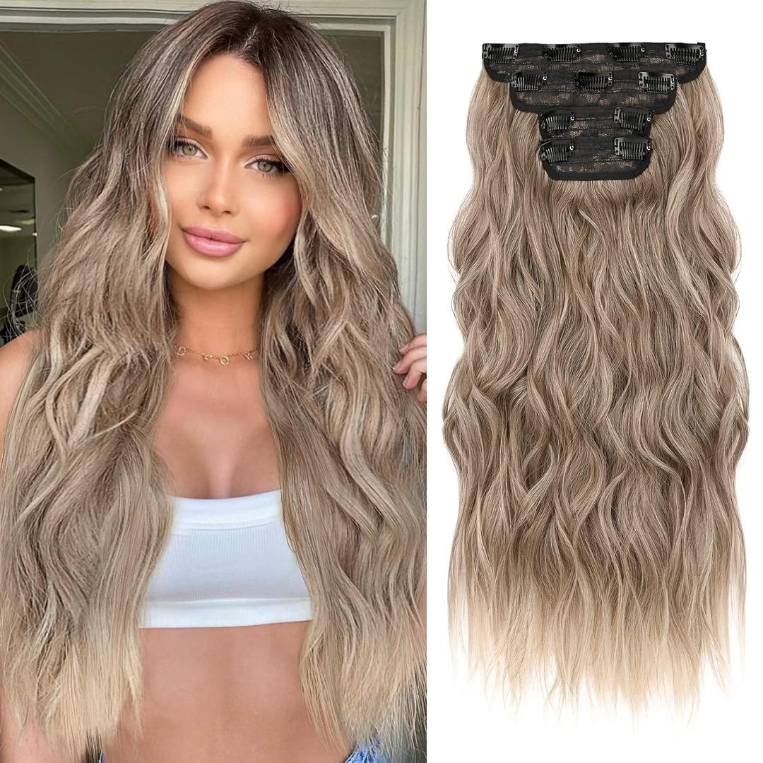REECHO Hair Extensions, 4PCS Clip in Hair Extensions HE001 Natural Soft Synthetic Hairpieces for Women (20 Inch-200 Gram (Pack of 4), Ash Brown with Blonde Ends)