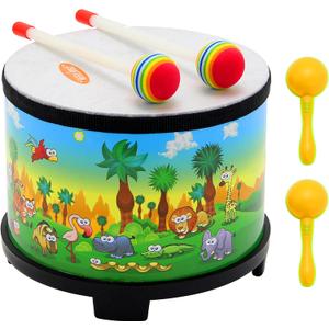 Floor Tom Drum for Kids 8-inch Percussion Instrument Music Drum with 2 Mallets and Color Maracas for Baby Children Special Christmas Birthday Toy Gift (Lovely Animal)