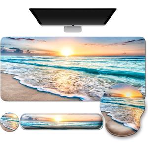 Mouse Pad + Desk Mat + Keyboard Wrist Rest + Coaster 4 in 1 Set, Cute Ergonomic Large Gaming Mousepad with Wrist Rest Support Desk Pad for Computer Laptop Office Home Decor-Beach