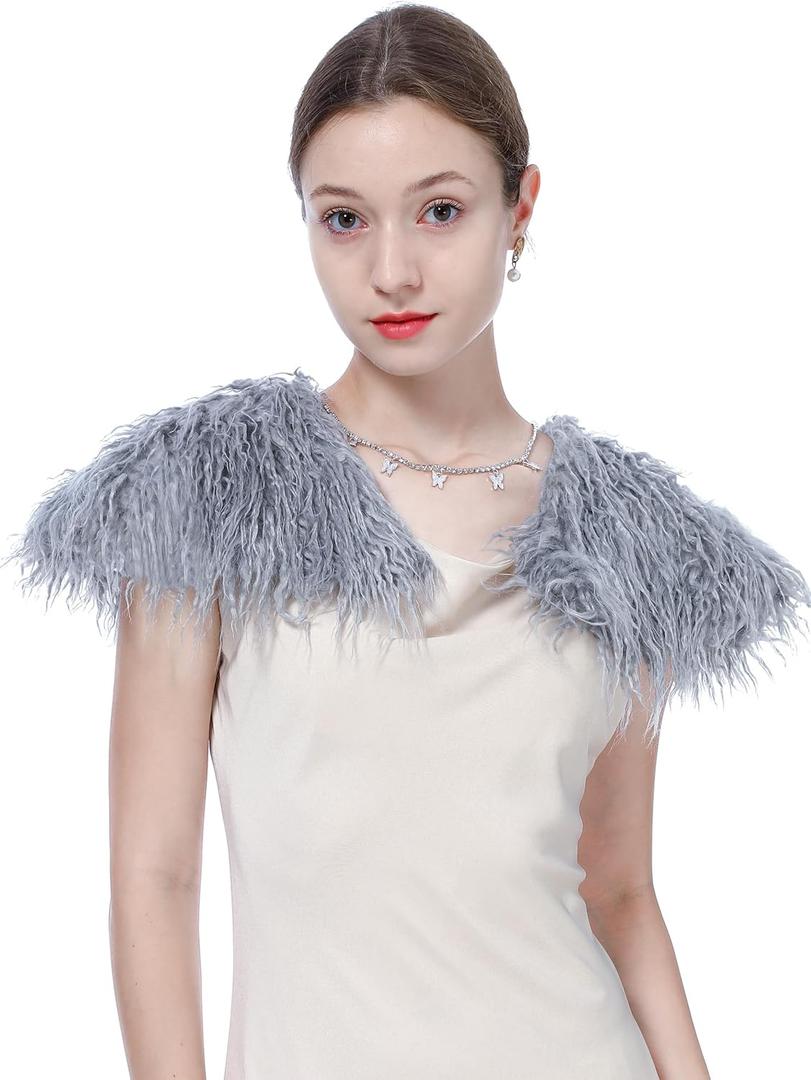 LA CARRIE Viking Queen Faux Fur Collar Shawl Shoulder Wrap Medieval Warm Cape for Women LARP Halloween Costume Accessory (Grey)