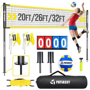 Outdoor Volleyball Net System, 32FT Regulation Size Anti-Sag Net, Quick Setup Adjustable Height Poles, Volleyball Set with Pump, Hammer, Boundary Line and Carry Bag for Backyard Beach Lawn