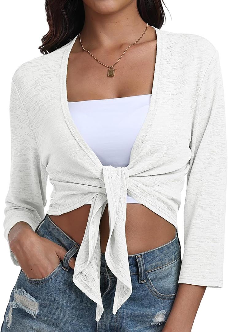PrinStory Women's Tie Front Shrug 3/4 Sleeve Bolero Cardigan Lightweight Summer Casual Short Shawl Top S-4XL (XX-Large, 02 Bleach White)