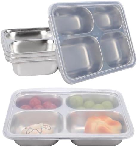 4 Pcs Stainless Steel Snack Containers with Lids, 4-Compartment Reusable Metal Bento Box Food Storage Containers, Durable Lunch Boxes for Office, Home and Travel