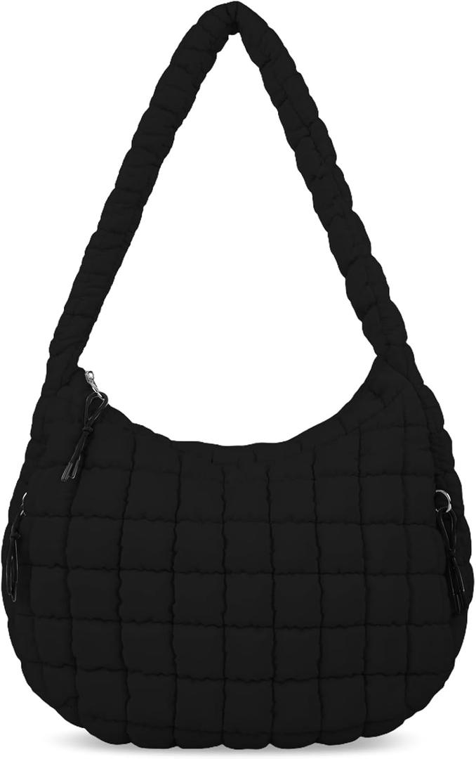 Quilted Puffer Tote Bag for Women - Large Crossbody Bag, Lightweight Nylon Puffy Carryall Hobo Puff Shoulder Bag (Black)
