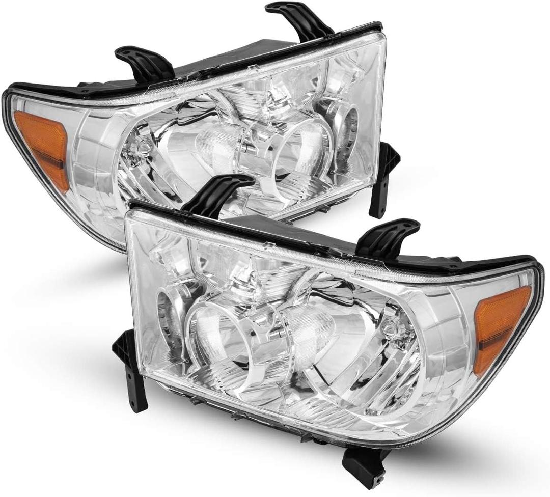 Torchbeam Headlights Assembly Pair for 2007-2009 Tundra, 2011-2013 Tundra, 2008-2017 Sequoia, Headlight Housing Chrome Amber Reflector Clear Lens Headlight Assemblies Set IP65 Waterproof