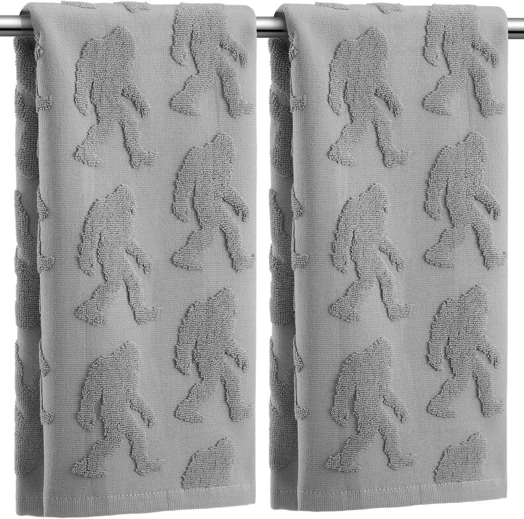 2 Pcs Bigfoot Sasquatch Hand Towels for Bathroom, Gray 100% Cotton Absorbent Jacquard Weave Decorative Towels for Bathroom Kitchen Decor Men Sasquatch Gift, 13.7 x 29.5 Inch