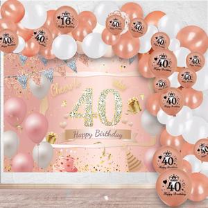 40th Birthday Decorations Women, Including Pink Rose Gold 40th Birthday Banner Backdrop Decor and 70 Pieces Rose Gold Balloon Arch Garland Kit for 40th Birthday