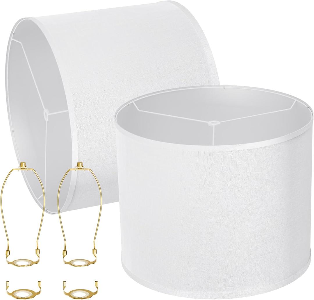 Lampshade Set of 2, Drum Lamp Shade 15" Top x 15" Bottom x 12" High (Spider) White Linen Lamp Shades for Table Lamp, Bedside Lamp, Natural Handcrafted Replacement Lampshades, Easy Assembly Required