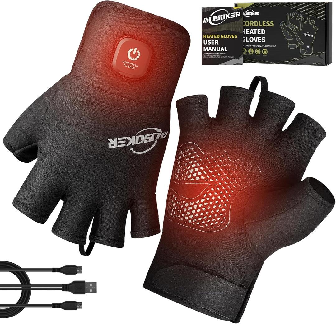 Winter Heated Gloves for Men Women Electric Fingerless Heated Gloves with Dual-USB Charging Cable for Typing Driving (Medium, Black)