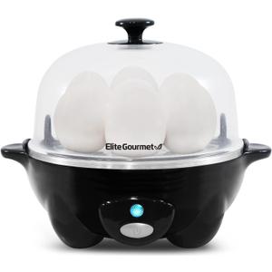 Elite Gourmet EGC-007B# Rapid Egg Cooker, 7 Easy-To-Peel, Hard, Medium, Soft Boiled Eggs, Poacher, Omelet Maker, Auto Shut-Off, Alarm, 16-Recipe Booklet, Black