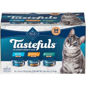 Blue Buffalo Tastefuls Wet Cat Food Paté Variety Pack, Made with Natural Ingredients, Chicken, Turkey & Chicken, Ocean Fish & Tuna Entrées, 5.5-oz Cans (24 Count, 8 of Each) (EXP 04/06/29)
