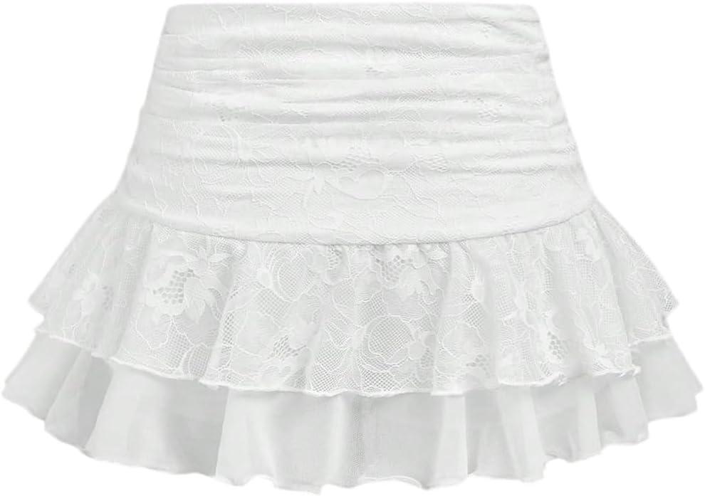 Girl's Y2k Lace Mini Skirt Ruched Layered Ruffle A Line Flared Short Skirts (White, 9 Yrs Old)