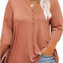 ZDC Women's Plus Size Tops 3/4 Sleeve V Neck T Shirts Button Down Basic Tunic (Orange, XL)