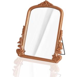 Rose Gold Makeup Mirror, Small Standing Vanity Desk Mirror Decorative Ornate Arched Desk Mirror with Carved Wood Frame, for Bedrooms,Living Rooms Table Top and Salon 11.8" x 9.6"