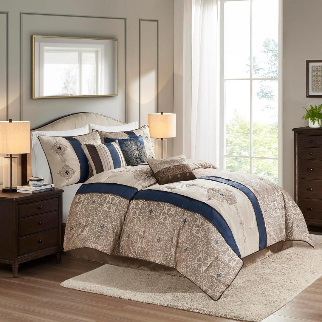 Madison Park Comforter Faux Silk-Traditional Luxurious Jacquard Design All Season Set, Matching Bed Skirt, Decorative Pillows, Cal King(104"x92"), Navy 7 Piece