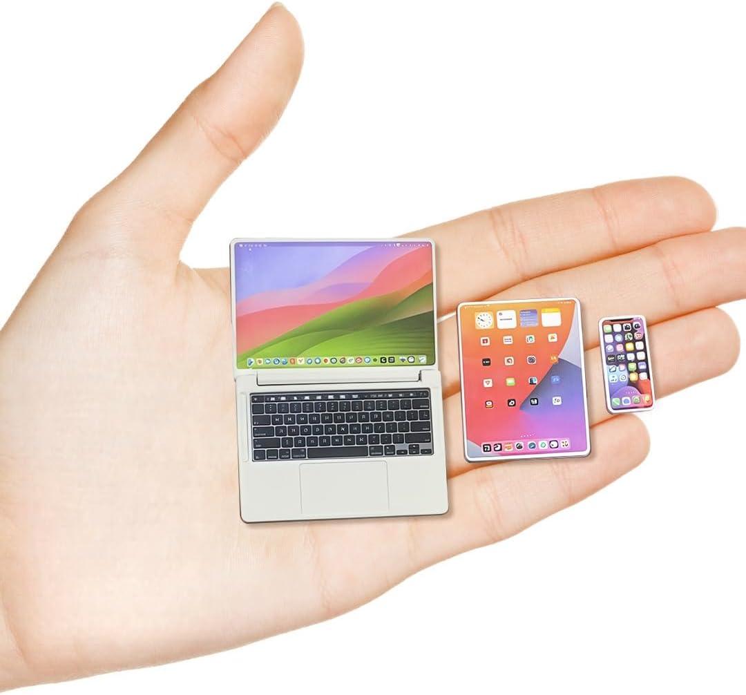 Dollhouse Decoration Miniature Accessories Dollhouse Worlds Smallest Computer Laptop Tablet Phone Simulation Accessories for Doll 1:6 1:12 Miniatures Play Set (Titanium Colour)