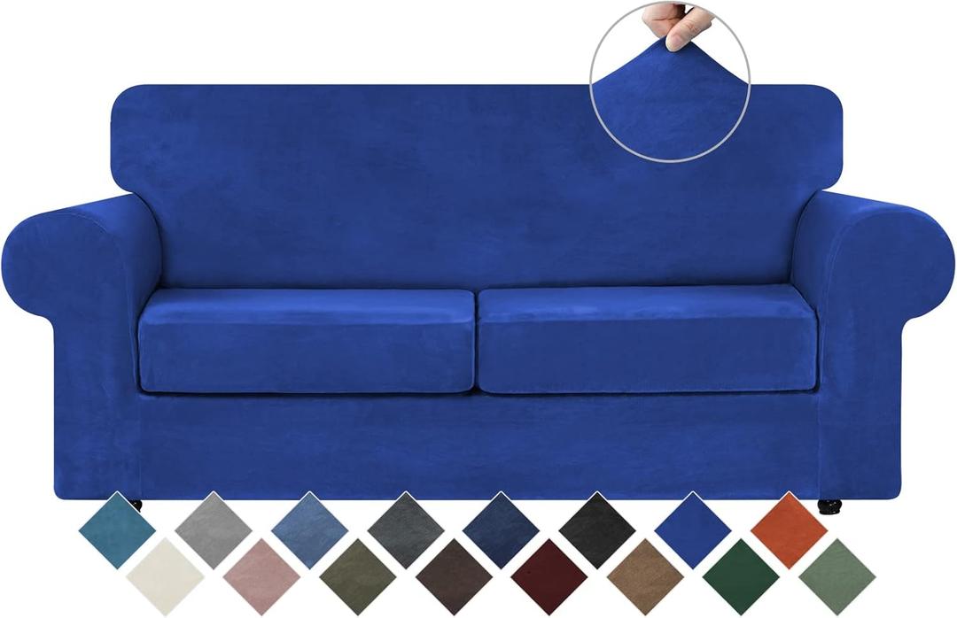 WEERRW Velvet Couch Covers for 2 Cushion Couch Sofa - High Stretch Luxury Velvet Plush 3 Pieces Sofa Slipcovers with Elastic Bottom, Furniture Protector for Pets, Machine Washable, Royal Blue, Medium