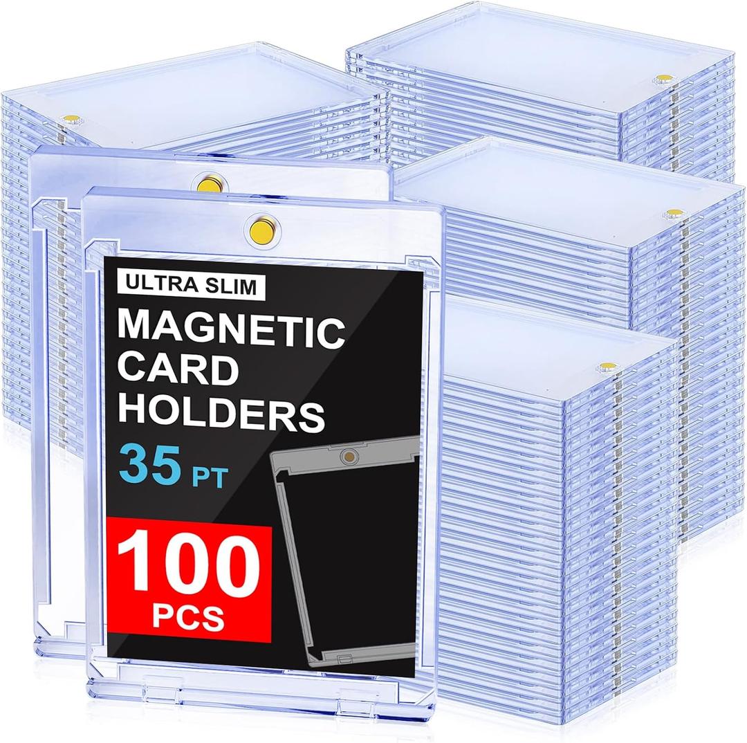 100ct Magnetic Trading Card Holders: 35pt One Touch Card Holder, U-V Protection Hard Plastic Magnetic Cards Case for Sports Game, Football, Baseball Cards - Ultra Slim