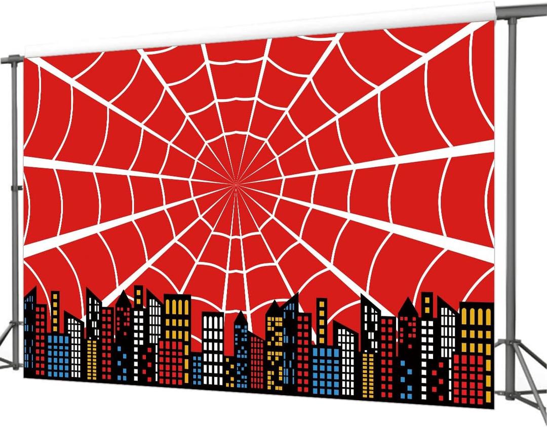 5x3FT Super City Theme Red Spider Web Photography Vinyl Photo Background for Kids Birthday Party Backdrops Decoration