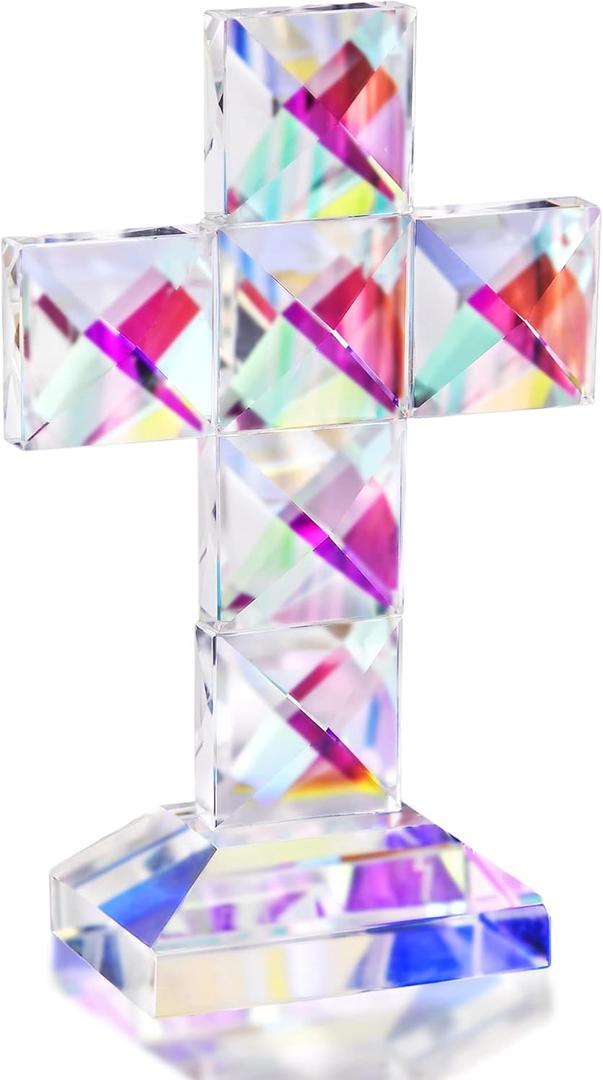 QFkris Colorful Crystal Cross Standing 5'' Tall Traditional Cross Figurine Glass Craft Memorial Gifts Christian Decor (Small-Colored Square)