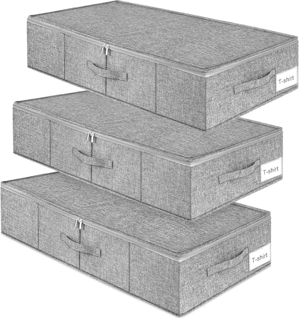 Punemi Under Bed Storage, 3 Pack Underbed Storage Container Bags With Lid, Foldable Sturdy Clothes Storage Drawer Organizer W/ 3 Handles, Ultra Thick Fabric Blanket Shoe Storage Box, Grey